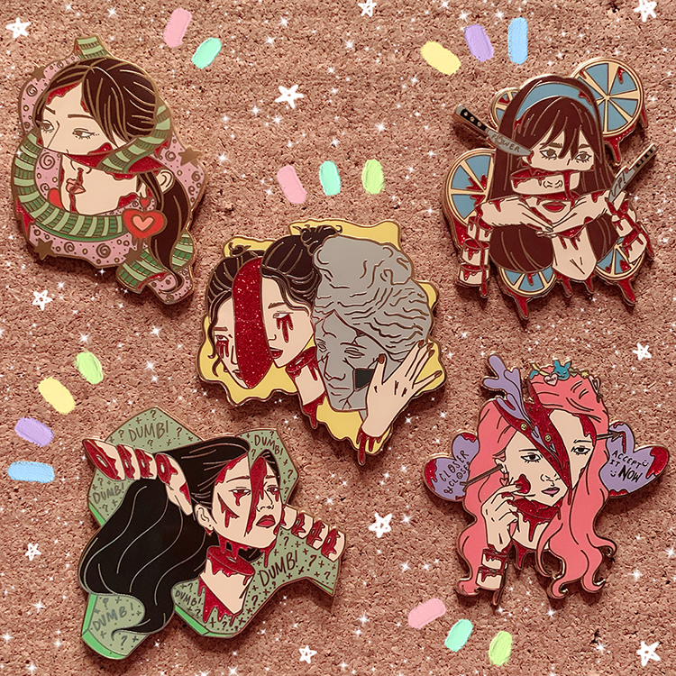 ꒷꒦ ˖ ° red velvet horror inspired enamel pins 🪓 ⋆ ｡