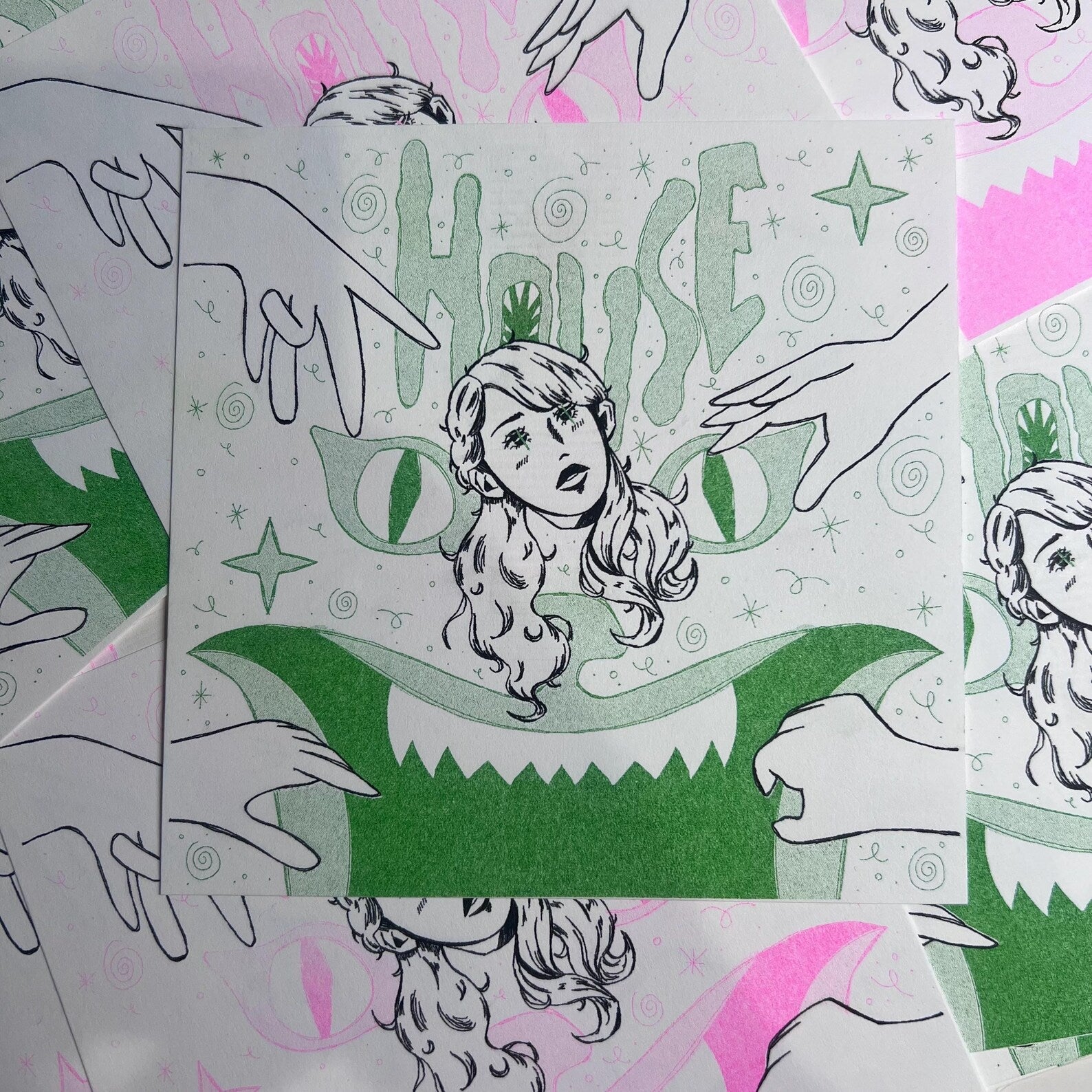 hausu riso print (green + pink) 𖡼.𖤣𖥧 𖠿 𖡼.𖤣𖥧
