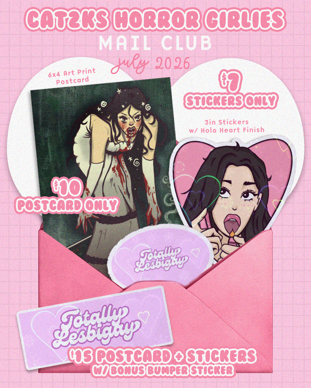 horror girlies mail club - postcard + stickers (july 2026) ♡